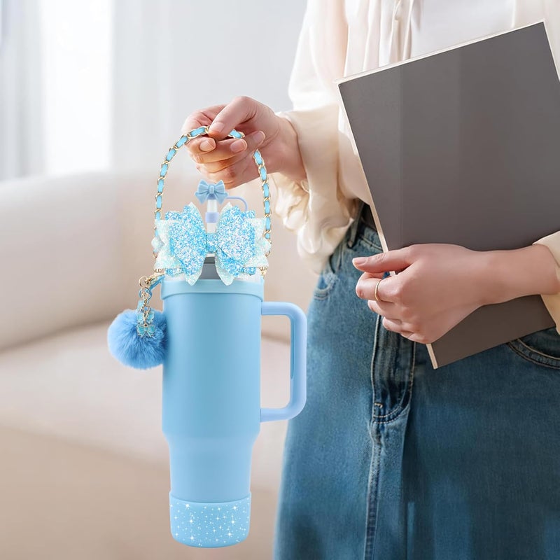 SEMATA Bling Accessories for Stanley Cup 40oz & 30oz Tumbler Including Silicone Cute Bow Straw Topper Cover, Silicone Boot for Stanley Cup,Leather Water Bottle Handle Strap, Charms(Blue) - Image 4